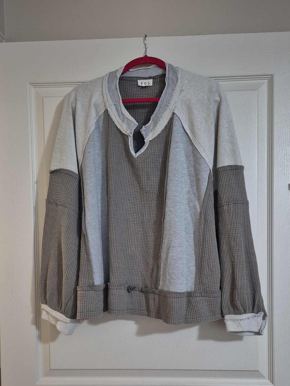 POL Two-Tone Waffle Crewneck Sweater - Light Gray & Stone